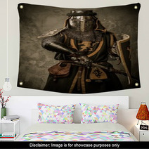 Medieval Knight With Sword And Shield Against Stone Wall Wall Art 48836912