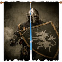 Medieval Knight With Sword And Shield Against Stone Wall Window Curtains 48836901