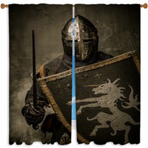 Medieval Knight With Sword And Shield Against Stone Wall Window Curtains 48836905