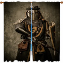 Medieval Knight With Sword And Shield Against Stone Wall Window Curtains 48836912