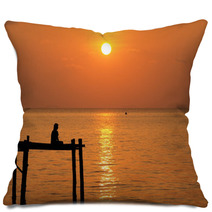 Meditation Man On Wooden Pier Under Sunset Sea Pillows 68727843