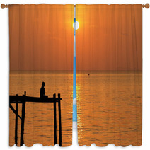 Meditation Man On Wooden Pier Under Sunset Sea Window Curtains 68727843