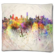 Melbourne Skyline In Watercolor Background Blankets 66858868