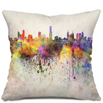 Melbourne Skyline In Watercolor Background Pillows 66858868