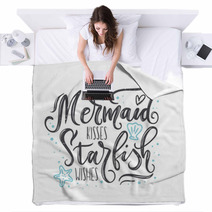 Mermaid Kisses Starfish Wishes Quote With Hand Drawn Sea Elements And Lettering Summer Quote With Starfish Seashells Hearts And Pearls Summer T Shirts Print Invitation Poster Blankets 178373127