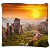 Meteora Roussanou Monastery At Sunset, Greece Blankets 57394810