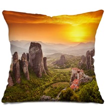 Meteora Roussanou Monastery At Sunset, Greece Pillows 57394810