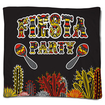 Mexican Fiesta Party Invitation With Maracas Cactuses And Colorful Ethnic Tribal Ornate Title Hand Drawn Vector Illustration Poster With Grunge Background Flyer Or Greeting Card Template Blankets 85995943