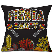 Mexican Fiesta Party Invitation With Maracas Cactuses And Colorful Ethnic Tribal Ornate Title Hand Drawn Vector Illustration Poster With Grunge Background Flyer Or Greeting Card Template Pillows 85995943