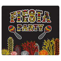 Mexican Fiesta Party Invitation With Maracas Cactuses And Colorful Ethnic Tribal Ornate Title Hand Drawn Vector Illustration Poster With Grunge Background Flyer Or Greeting Card Template Rugs 85995943