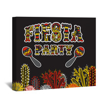 Mexican Fiesta Party Invitation With Maracas Cactuses And Colorful Ethnic Tribal Ornate Title Hand Drawn Vector Illustration Poster With Grunge Background Flyer Or Greeting Card Template Wall Art 85995943