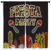 Mexican Fiesta Party Invitation With Maracas Cactuses And Colorful Ethnic Tribal Ornate Title Hand Drawn Vector Illustration Poster With Grunge Background Flyer Or Greeting Card Template Window Curtains 85995943