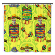 Mexican Seamless Music Pattern With Skull Sombrero Hat Guitar Maracas Aztec Pyramid Poncho Background Perfect For Wallpapers Pattern Fills Web Page Backgrounds Surface Textures Textile Bath Decor 132129665