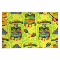 Mexican Seamless Music Pattern With Skull Sombrero Hat Guitar Maracas Aztec Pyramid Poncho Background Perfect For Wallpapers Pattern Fills Web Page Backgrounds Surface Textures Textile Rugs 132129665