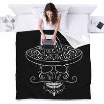 Mexican Skull With Sombrero Day Of The Dead White Color Blankets 123535912