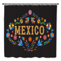 Mexico Background Banner With Colorful Mexican Flowers Birds And Elements Bath Decor 215489669