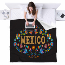 Mexico Background Banner With Colorful Mexican Flowers Birds And Elements Blankets 215489669