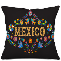 Mexico Background Banner With Colorful Mexican Flowers Birds And Elements Pillows 215489669