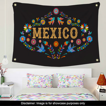 Mexico Background Banner With Colorful Mexican Flowers Birds And Elements Wall Art 215489669