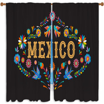 Mexico Background Banner With Colorful Mexican Flowers Birds And Elements Window Curtains 215489669