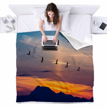 Migratory Birds Flying At Sunset Blankets 91528916