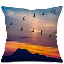 Migratory Birds Flying At Sunset Pillows 91528916