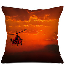 Military Helicopter In Flight Against A Dramatic Red Sky Pillows 50020363