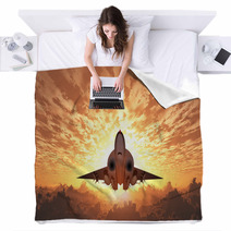 Military Jet In Flight Sunrise Or Sunset Blankets 124599340