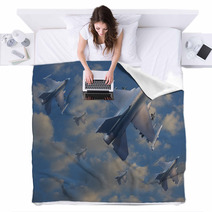 Military Jet Plane Flying Over Clouds Blankets 43393204