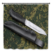 Military Knife Lying Parallel With Leather Sheath On Camouflage Bath Decor 60236974