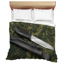 Military Knife Lying Parallel With Leather Sheath On Camouflage Bedding 60236974
