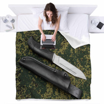 Military Knife Lying Parallel With Leather Sheath On Camouflage Blankets 60236974