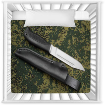 Military Knife Lying Parallel With Leather Sheath On Camouflage Nursery Decor 60236974