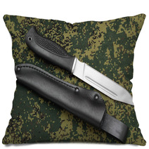 Military Knife Lying Parallel With Leather Sheath On Camouflage Pillows 60236974