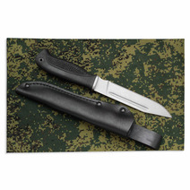 Military Knife Lying Parallel With Leather Sheath On Camouflage Rugs 60236974