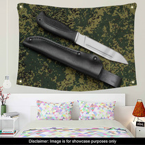 Military Knife Lying Parallel With Leather Sheath On Camouflage Wall Art 60236974