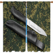 Military Knife Lying Parallel With Leather Sheath On Camouflage Window Curtains 60236974