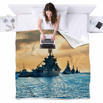 Military Navy Ships In A Sea Bay Blankets 104362119