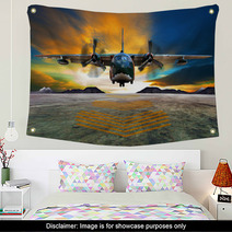 Military Plane Landing On Airforce Runways Against Beautiful Dus Wall Art 65592416