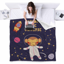 Monkey Astronaut In Space Cartoon Art Blankets 206334653
