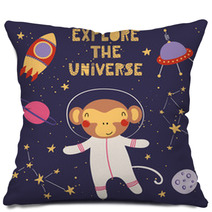 Monkey Astronaut In Space Cartoon Art Pillows 206334653