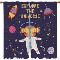 Monkey Astronaut In Space Cartoon Art Window Curtains 206334653