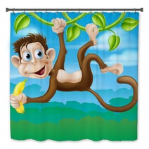 Monkey Cartoon In Jungle Swinging On Vine Bath Decor 67032036