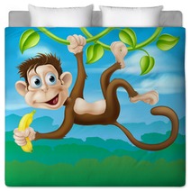 Monkey Cartoon In Jungle Swinging On Vine Bedding 67032036