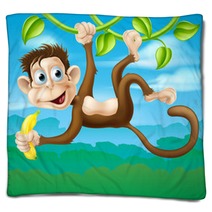 Monkey Cartoon In Jungle Swinging On Vine Blankets 67032036