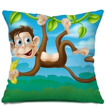 Monkey Cartoon In Jungle Swinging On Vine Pillows 67032036