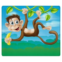 Monkey Cartoon In Jungle Swinging On Vine Rugs 67032036