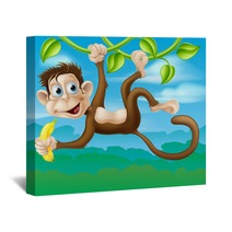 Monkey Cartoon In Jungle Swinging On Vine Wall Art 67032036