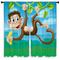 Monkey Cartoon In Jungle Swinging On Vine Window Curtains 67032036