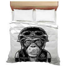 Monkey In The Motorcycle Helmet And Glasses Vintage Black Engraving Bedding 147225892